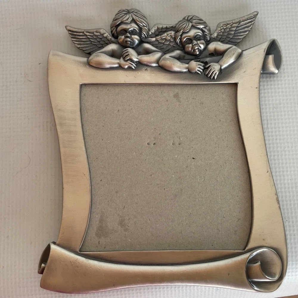 Cherub Scroll Picture Frame Pewter Tone Angel 5x5 Vintage Style Tabletop Decor